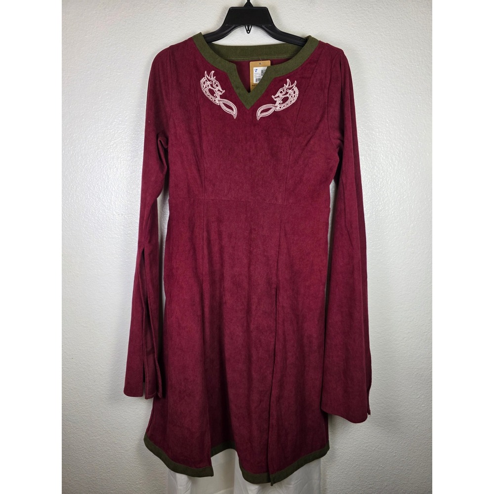 HiiFeuer‎ Women Burgundy Medieval Tunic Dress Dragon Embroidery Renaissance Sz M
